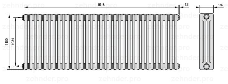 Схема (чертеж) Радиатор Zehnder Charleston 4110/33 №1270 Белый глянцевый RAL 9016